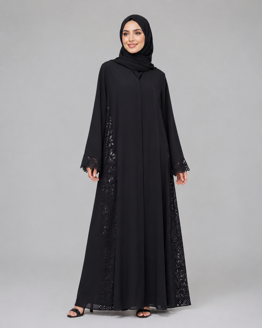 Noir Botanical Dentelle Abaya 10083