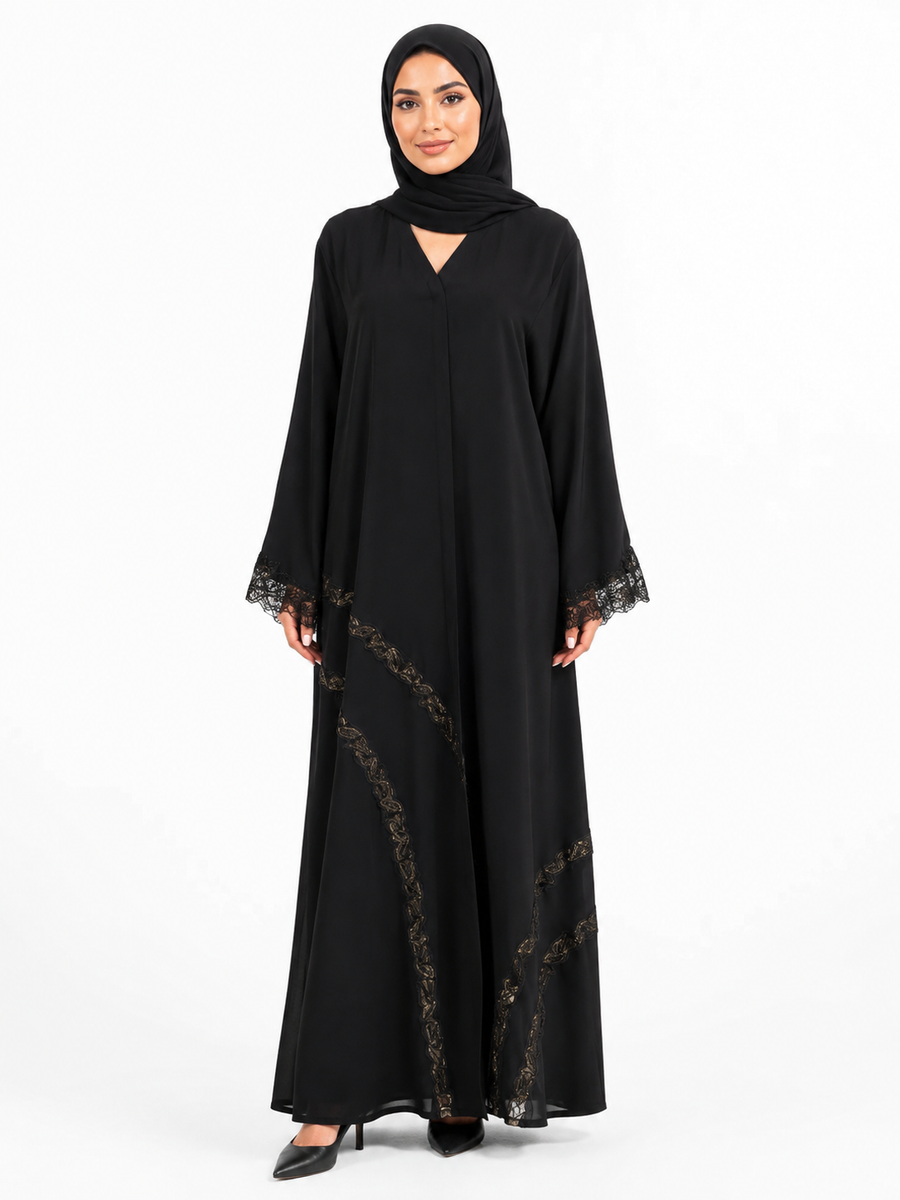Noir Dentelle Cascade Abaya 10032