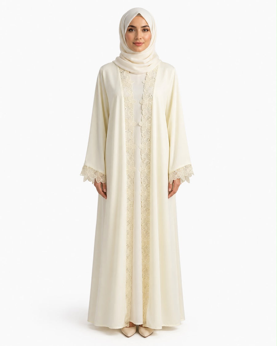 Ivory floral Dentelle abaya front view