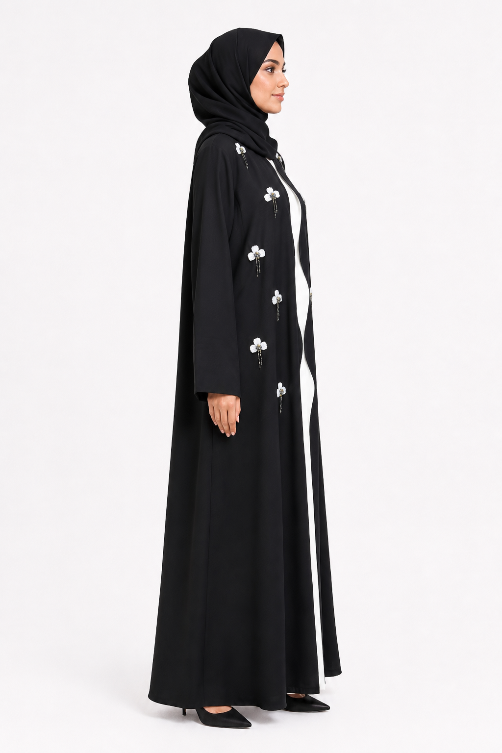 Pearl Blossom Noir Abaya 10073
