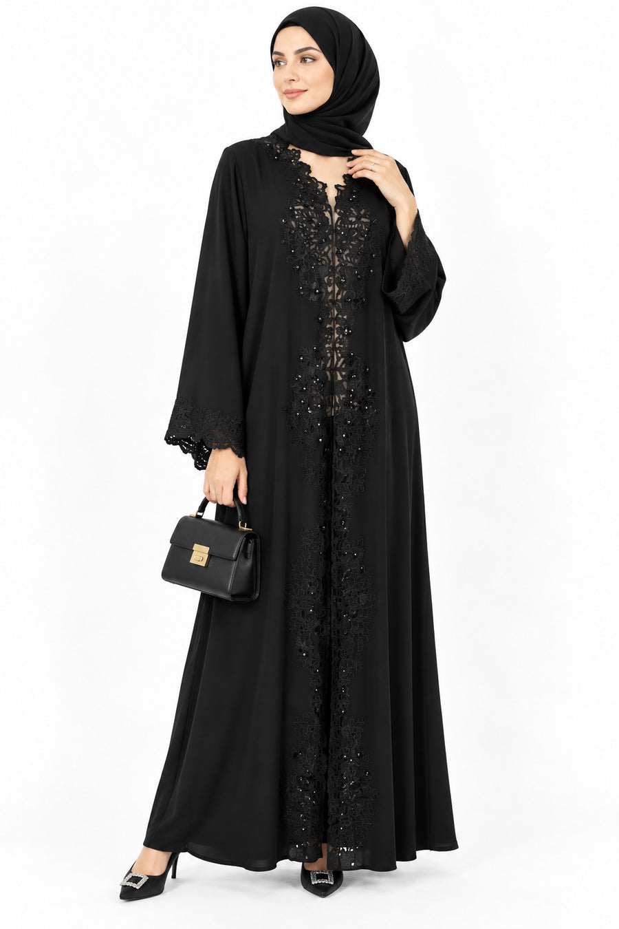 Black Premium Nada Nidha abaya front model view