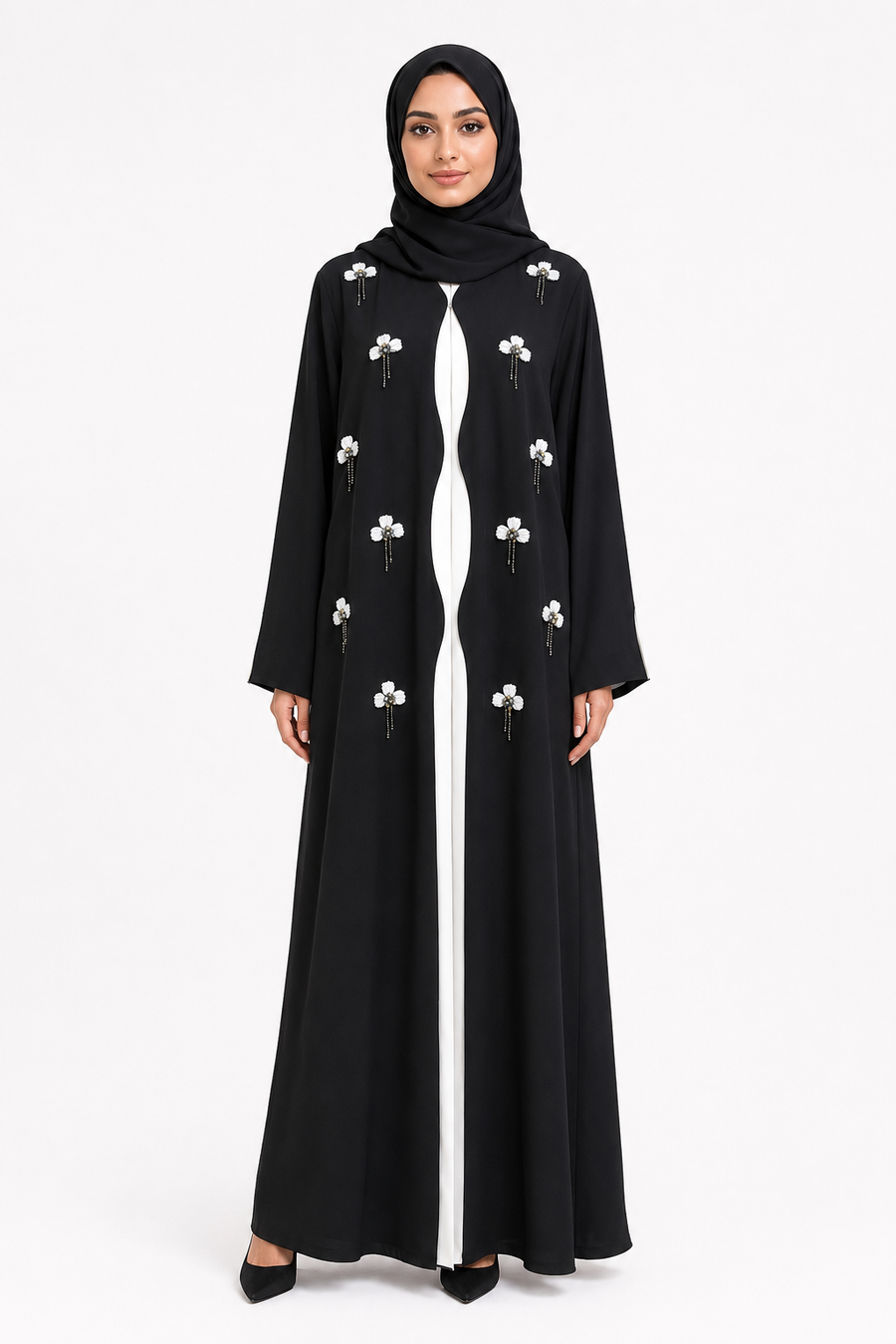 Pearl Blossom Noir Abaya 10073