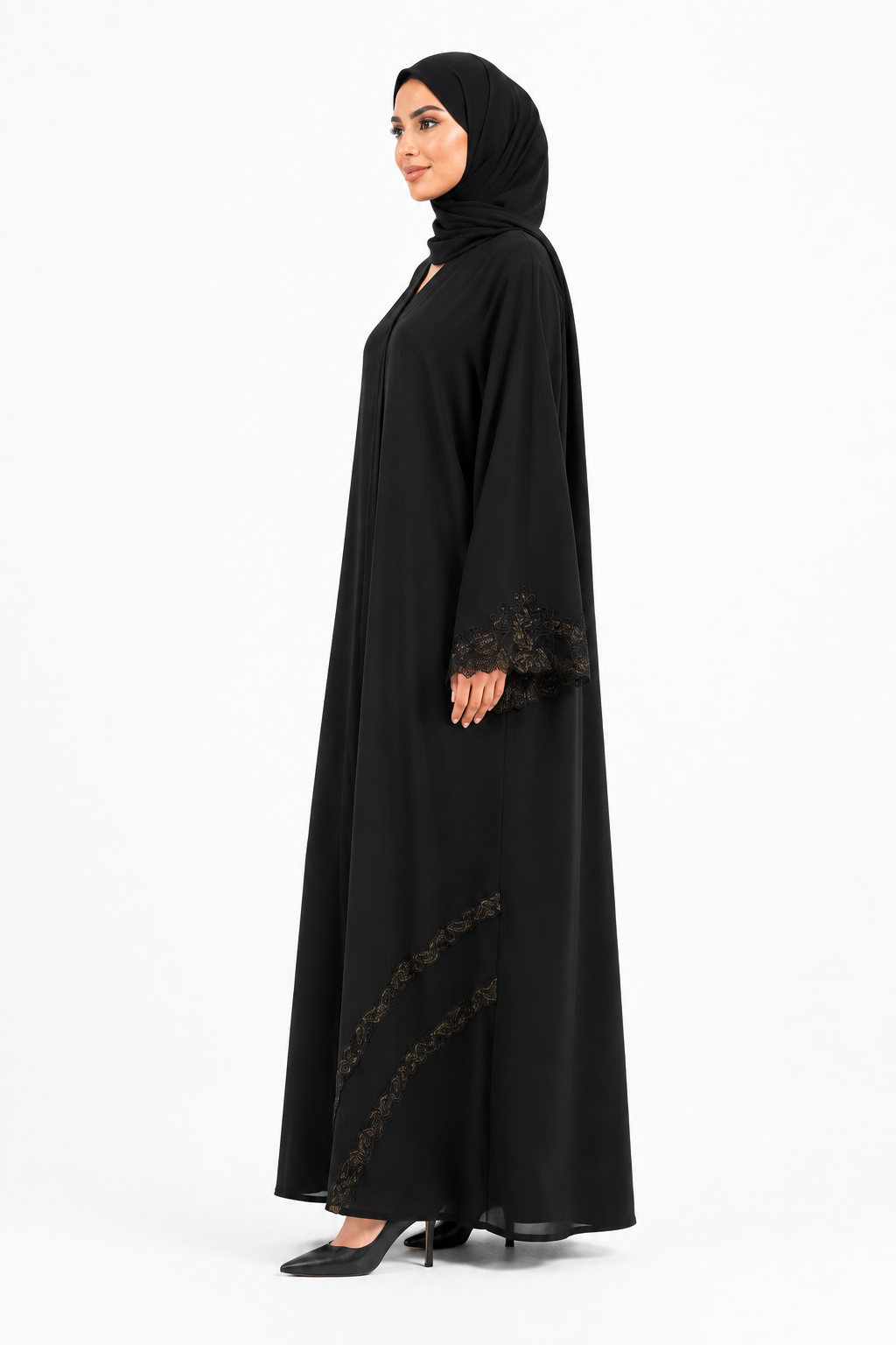 Noir Dentelle Cascade Abaya 10032