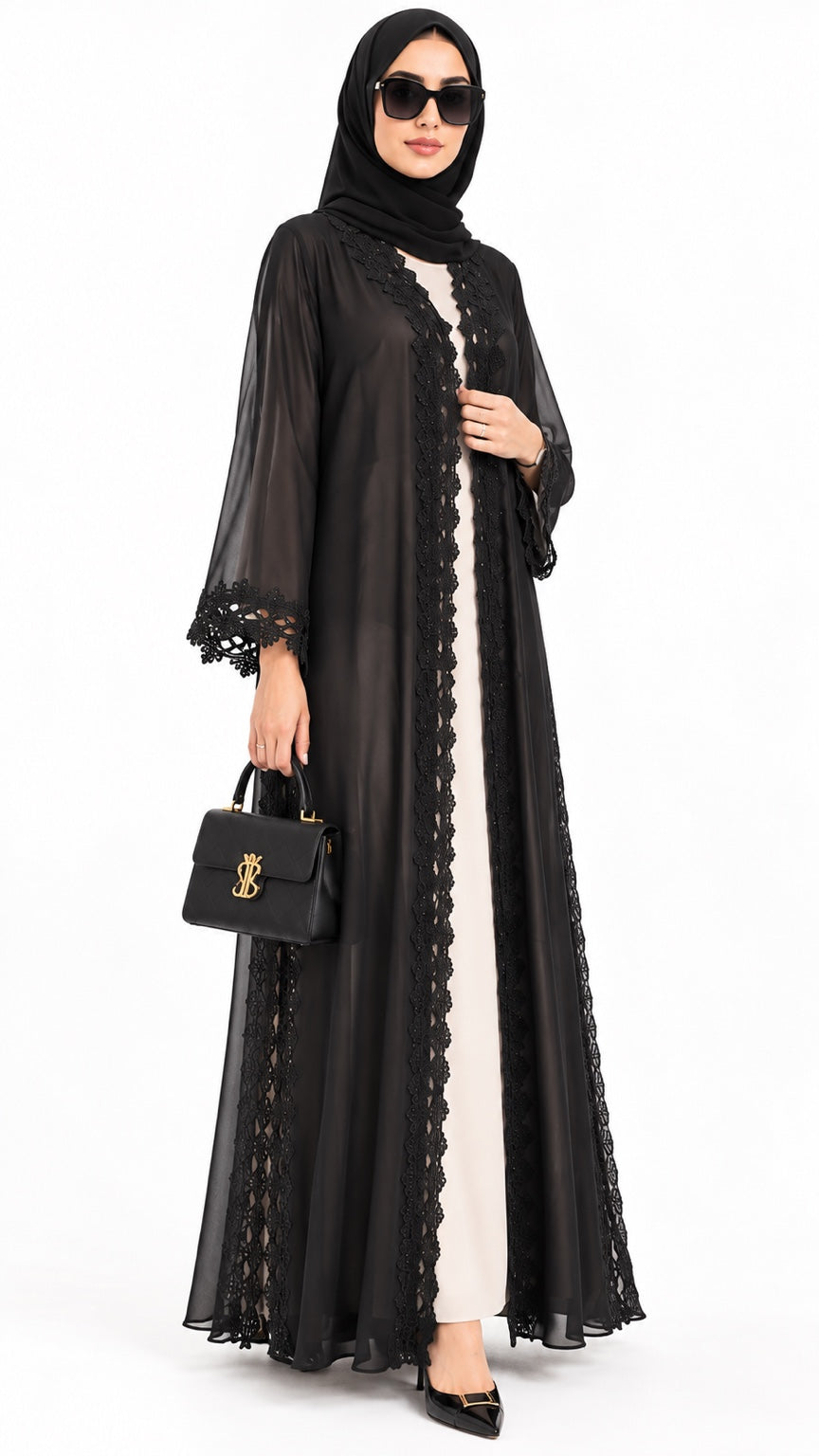 Black Chafoun abaya front view