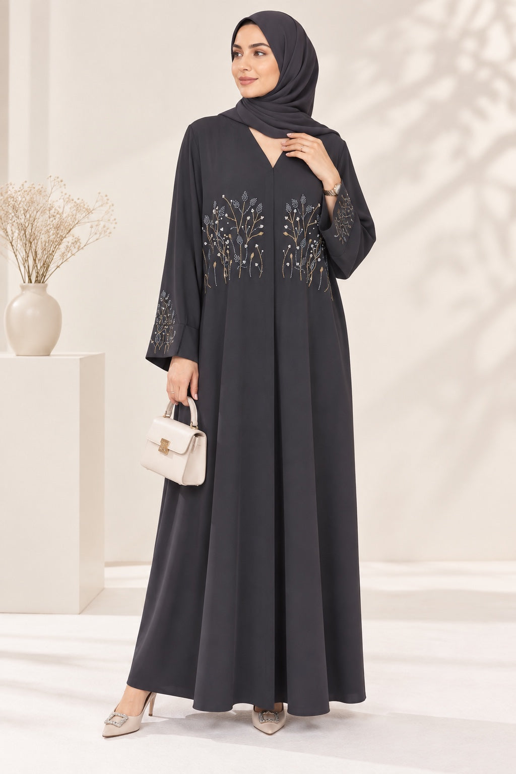 Charcoal botanical embroidered abaya front model view
