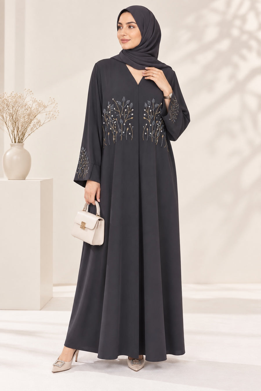 Charcoal botanical embroidered abaya front model view