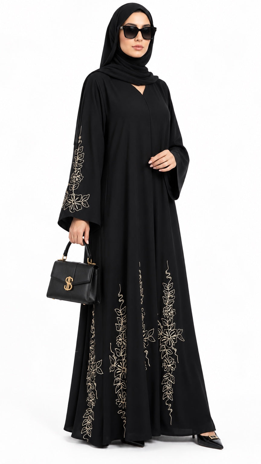 Black Premium Nadha floral embroidered abaya front view