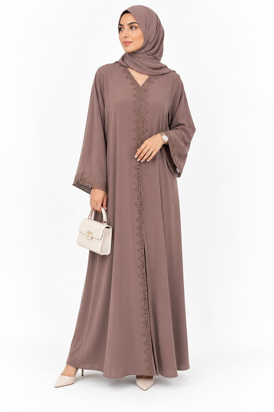 Taupe embroidered Dentelle abaya front model view