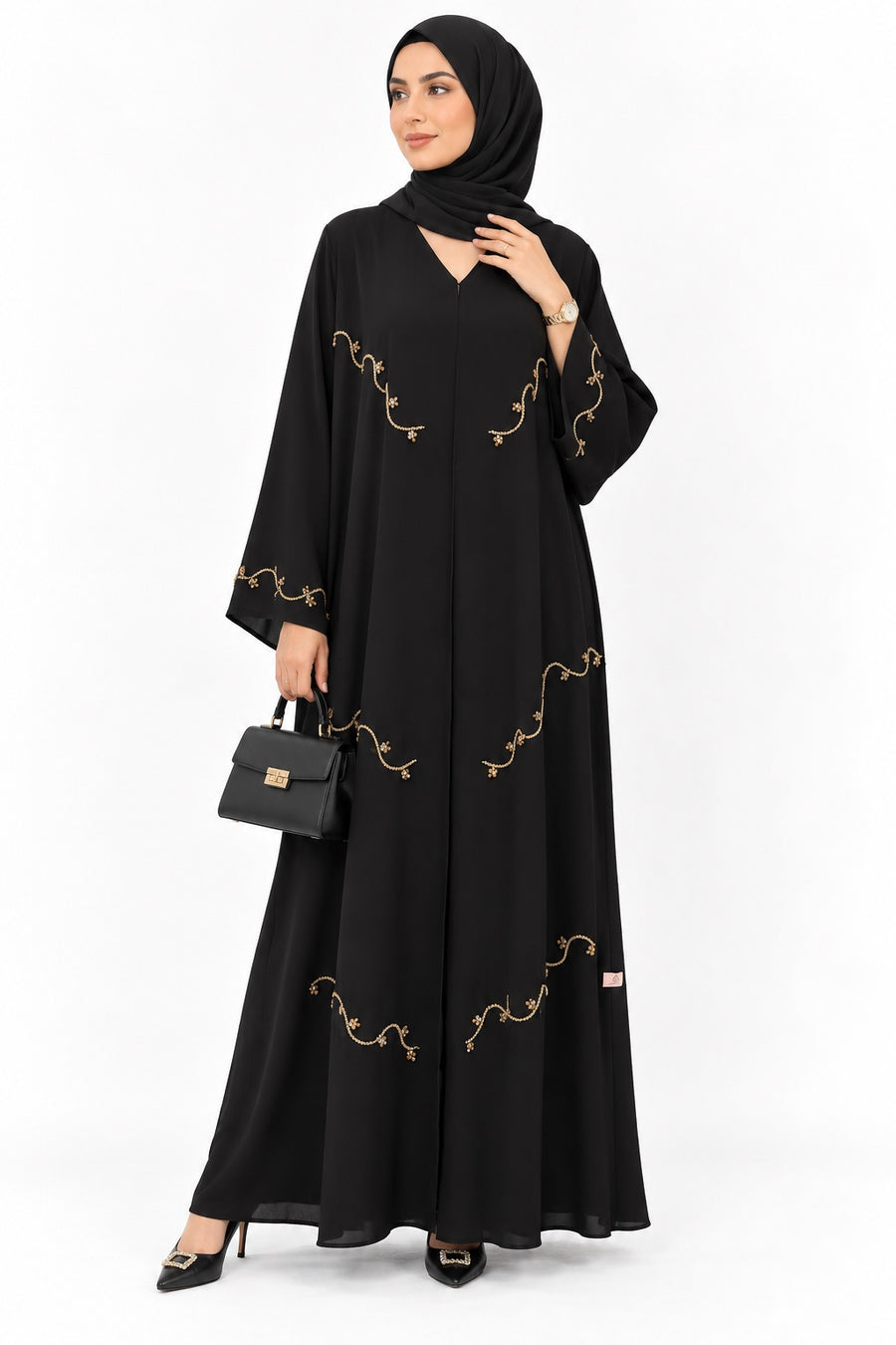 Queen Aura black gold vine embroidered abaya front model view