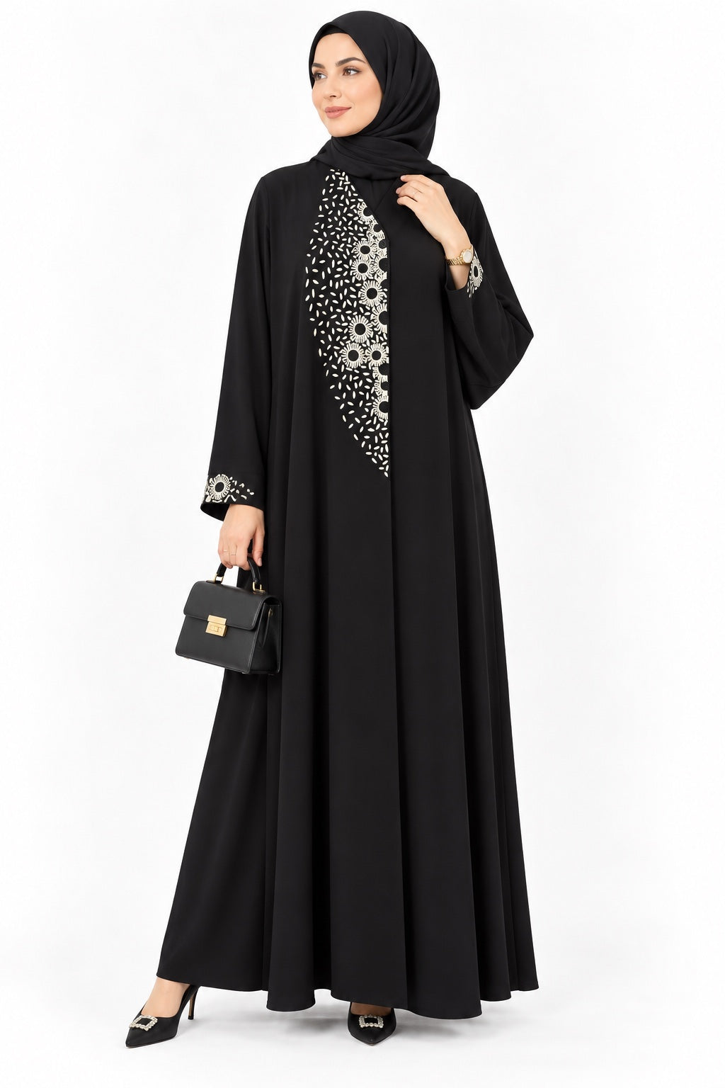 Queen Aura black Soft Jean abaya full front view