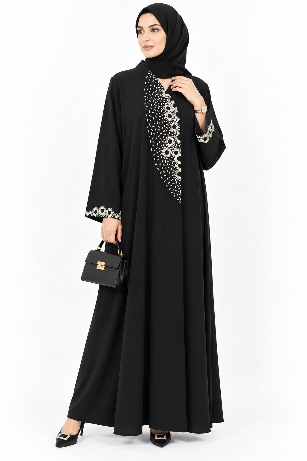 Queen Aura black Soft Jean abaya alternate front view