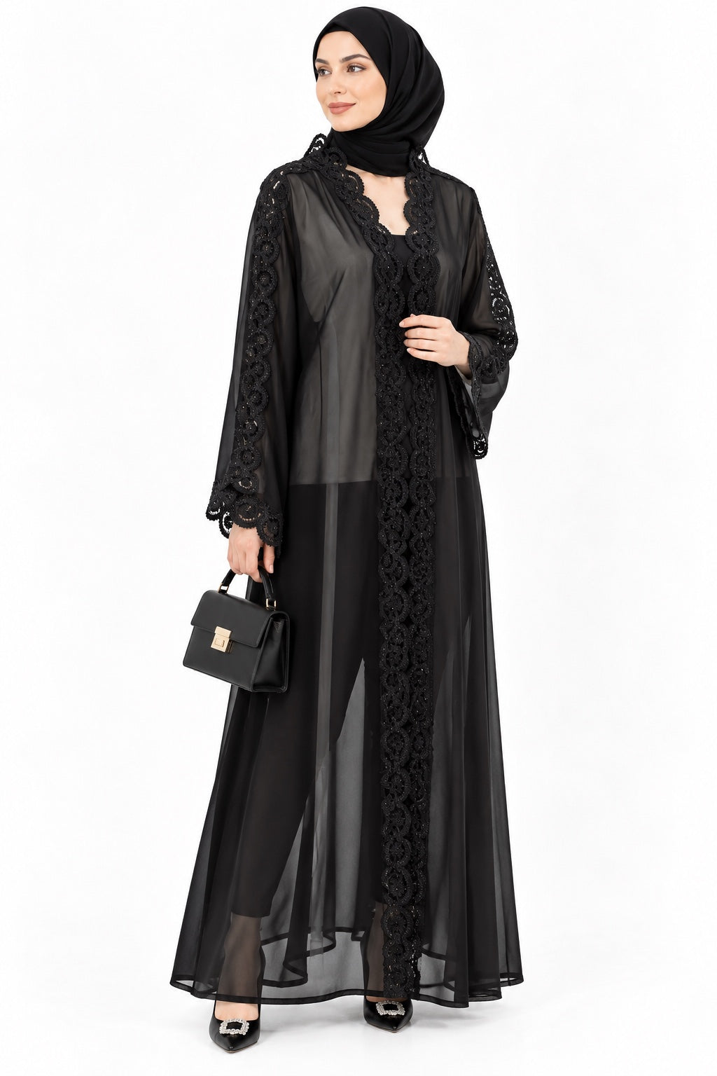 Queen Aura black chiffon Dentelle abaya front model view