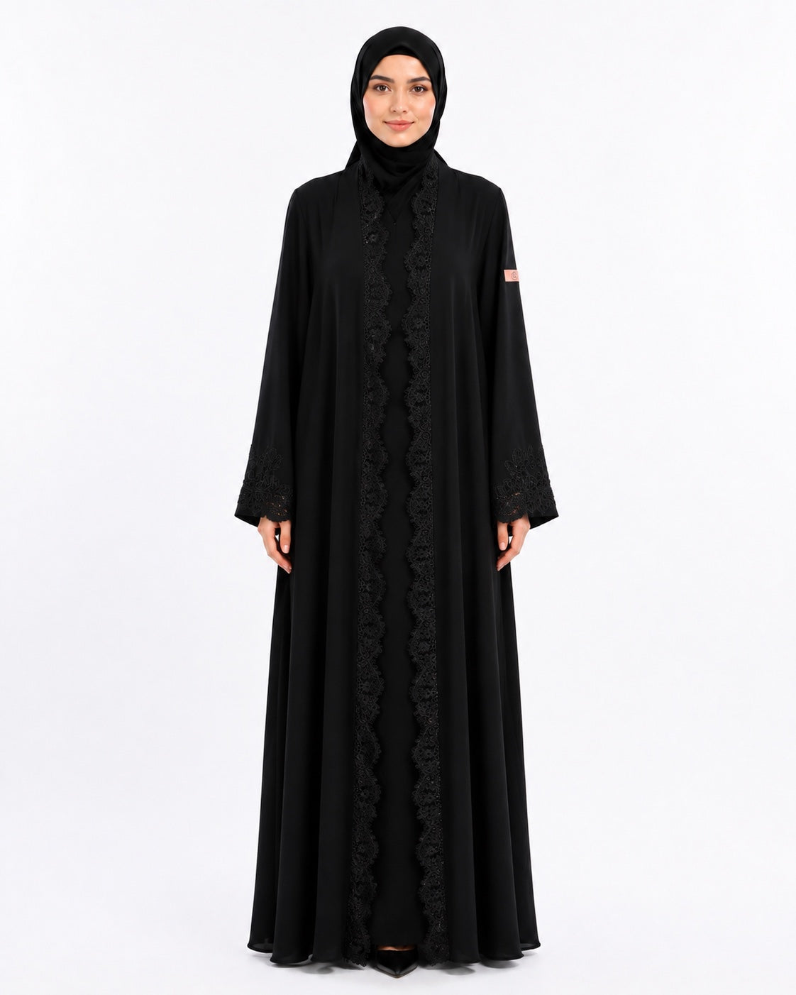 Queen Aura black Dentelle abaya front view