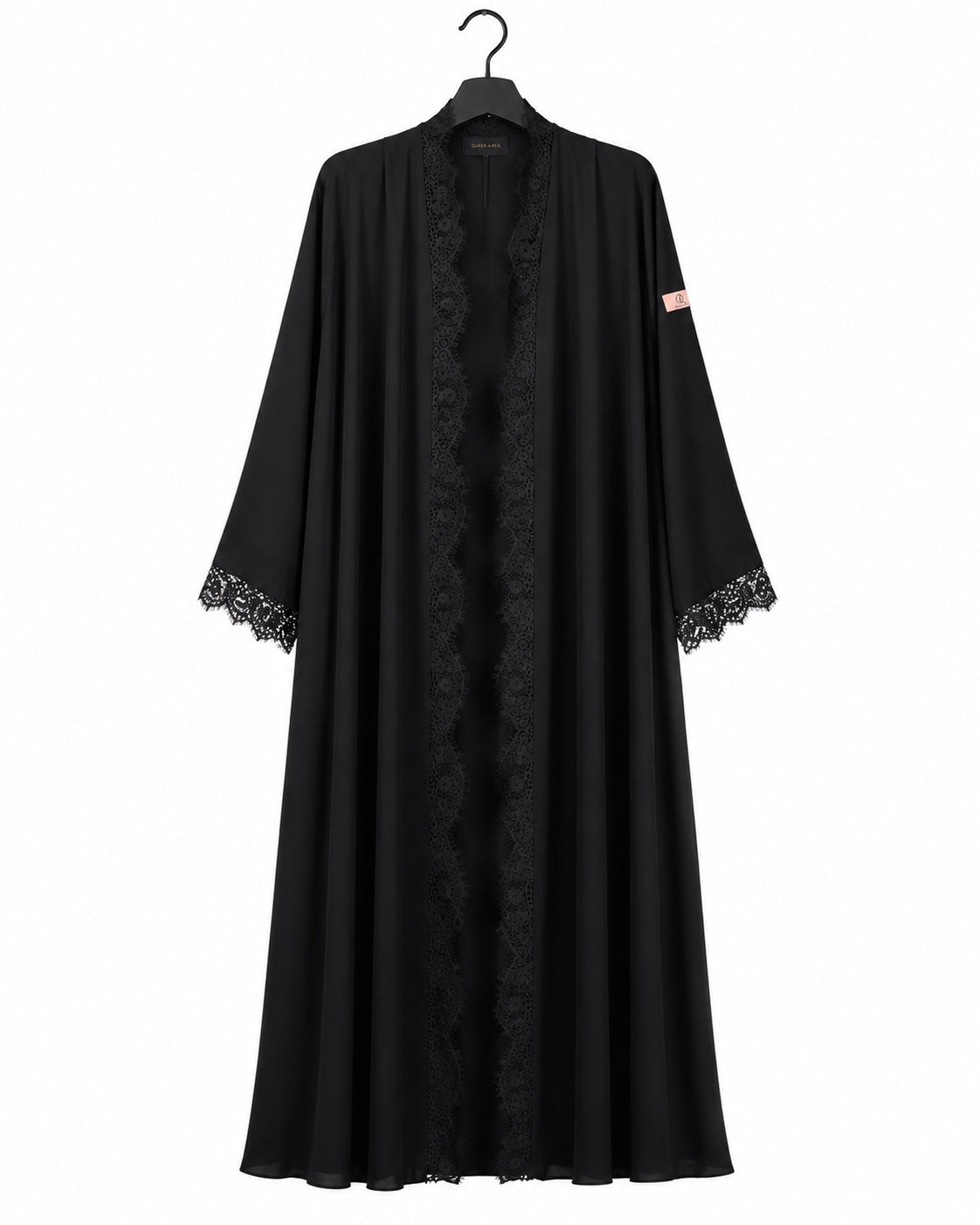 Queen Aura black Dentelle abaya hanger view