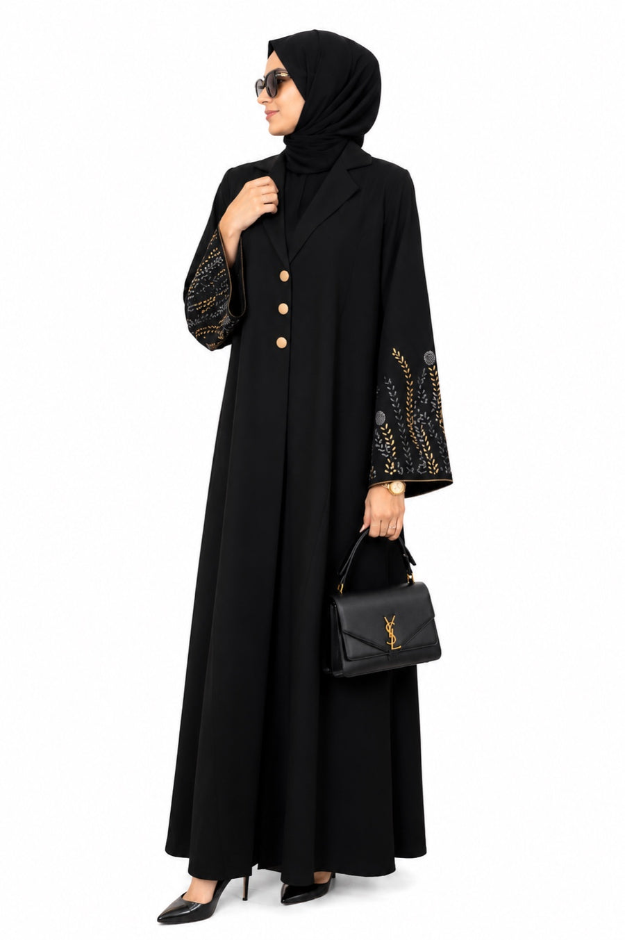 Queen Aura QA10084 Golden Botanical Blazer Abaya front view