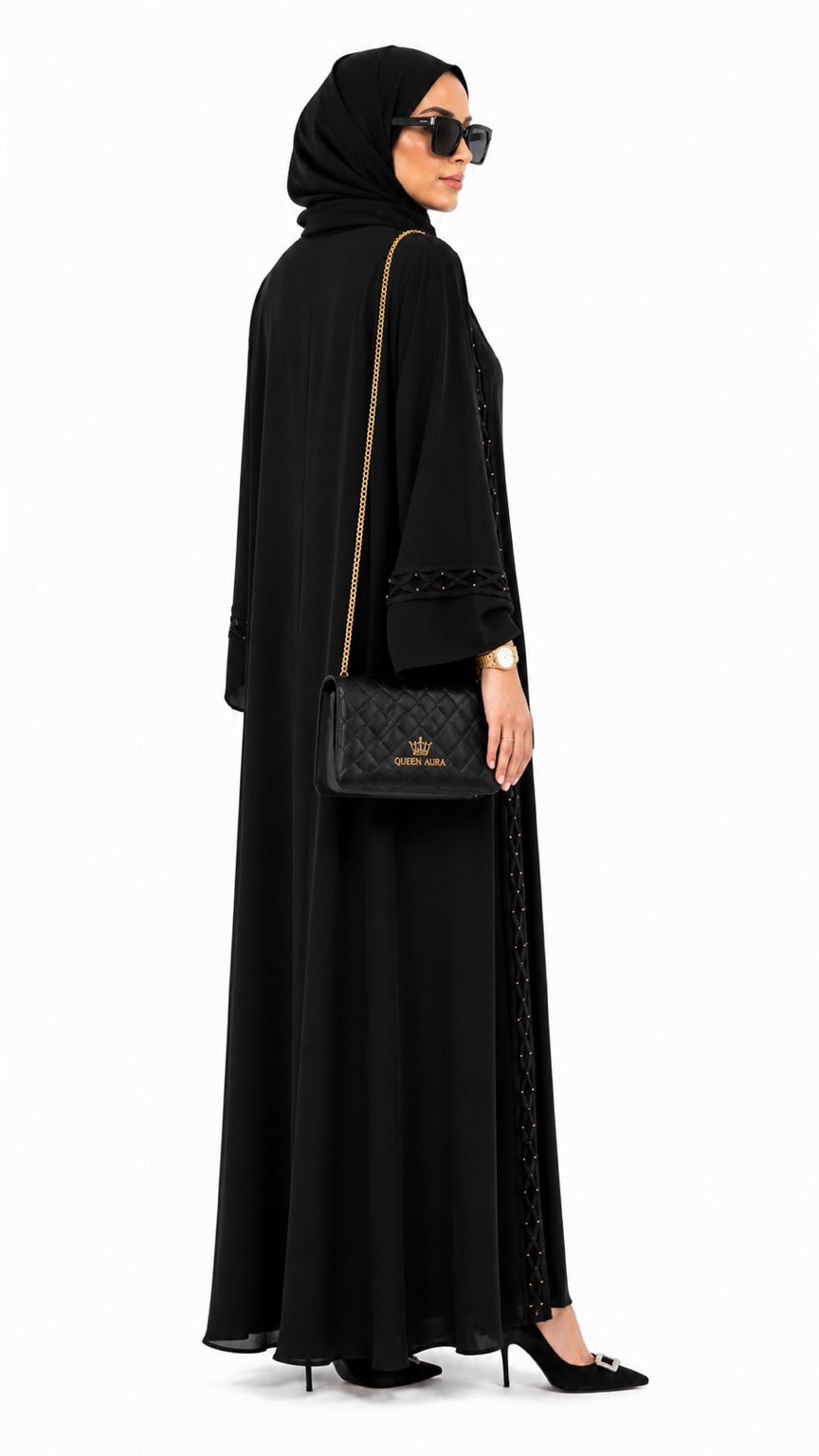Queen Aura QA10085 Midnight Lattice Premium Nidha Abaya back side view