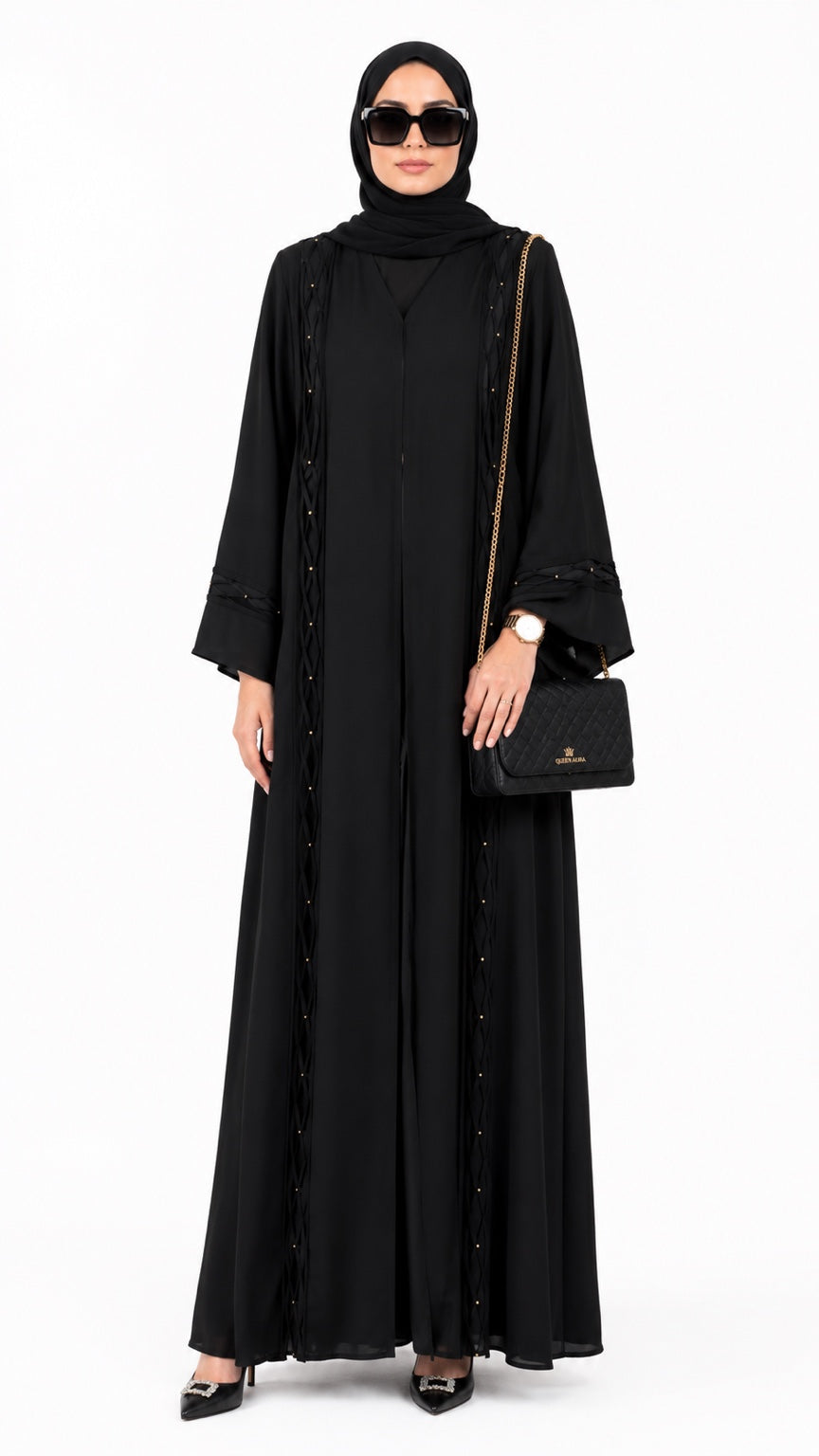 Queen Aura QA10085 Midnight Lattice Premium Nidha Abaya front view