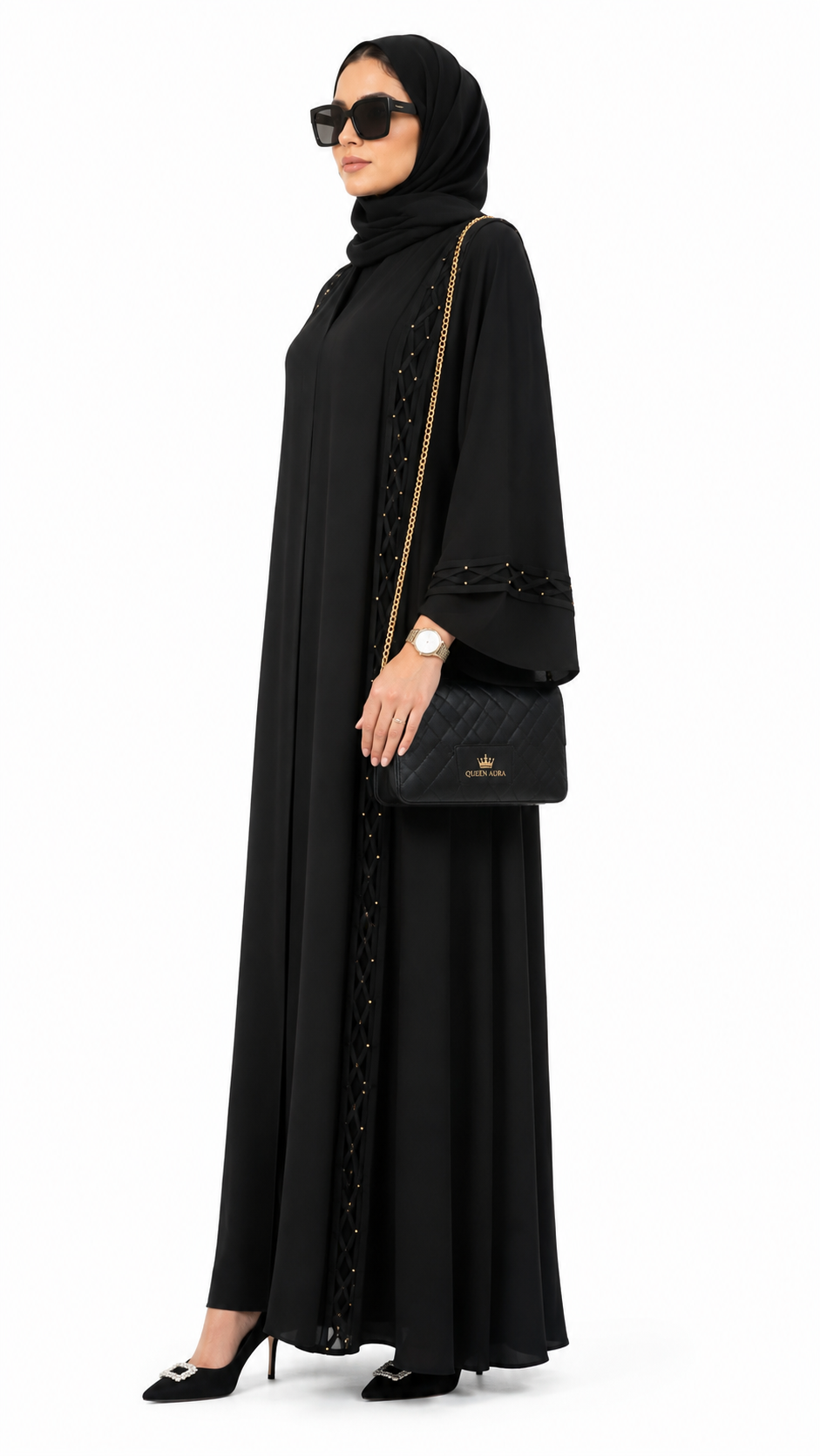 Queen Aura QA10085 Midnight Lattice Premium Nidha Abaya side view