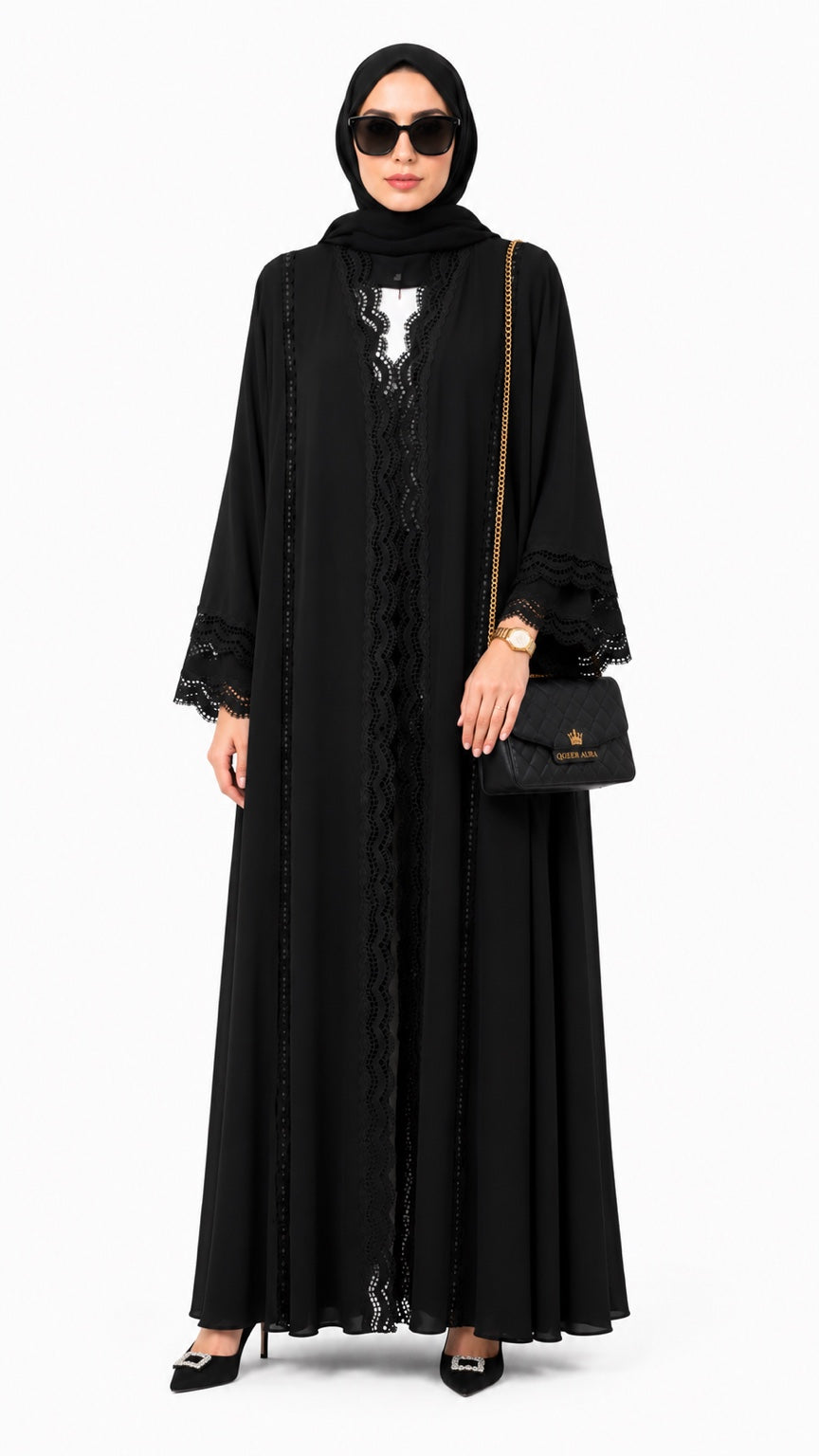 Noir Dentelle Chiffon Abaya front view