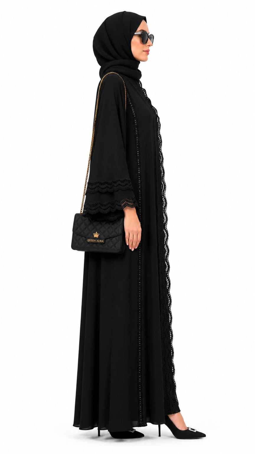 Noir Dentelle Chiffon Abaya side view