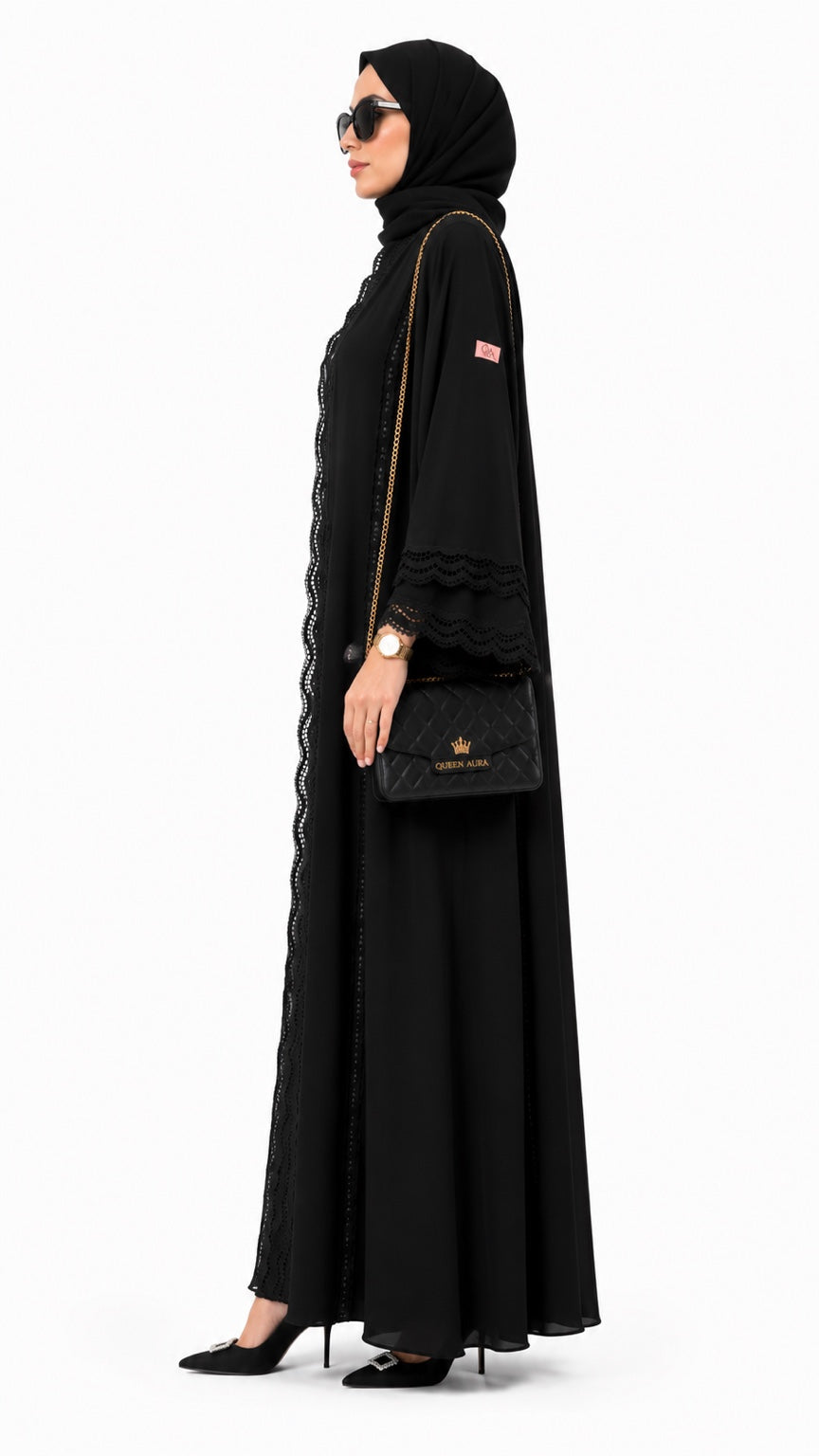 Noir Dentelle Chiffon Abaya opposite side view