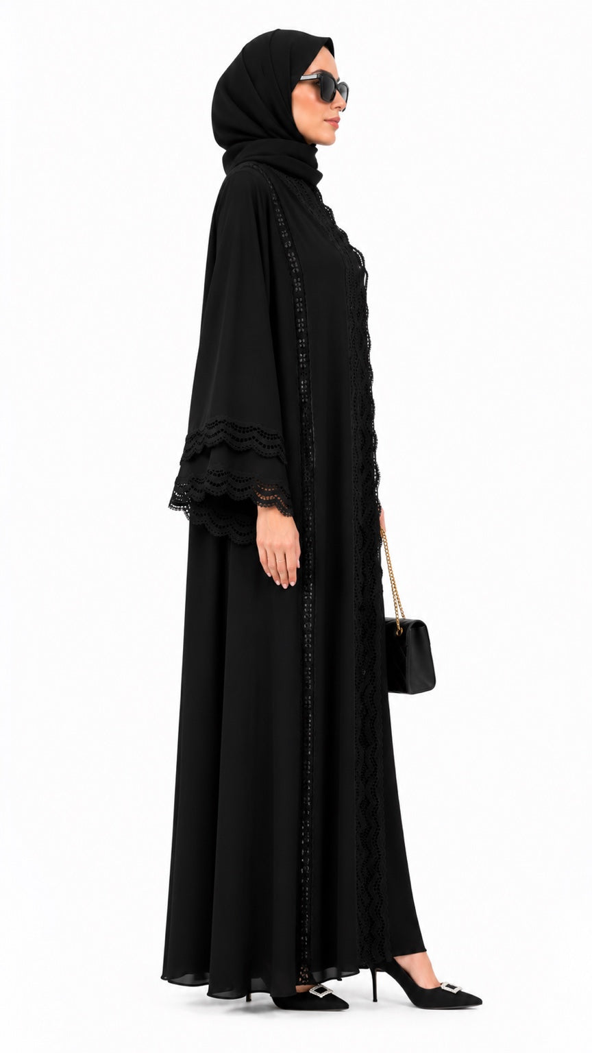 Noir Dentelle Chiffon Abaya side profile
