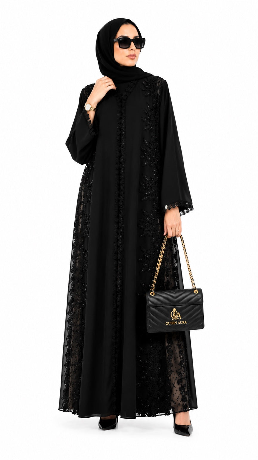 Queen Aura QA10088 black Premium Nada abaya front angle view