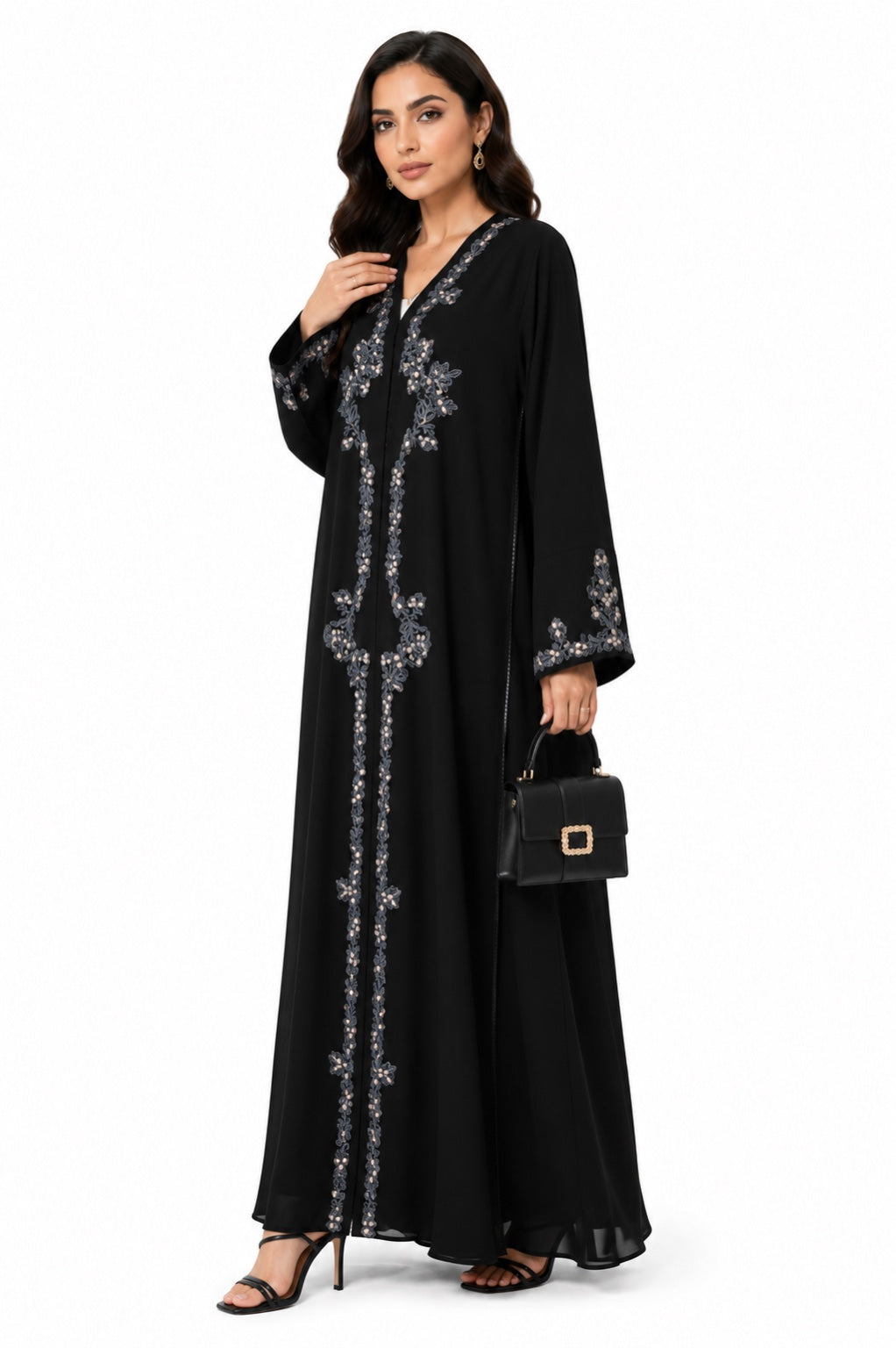 Queen Aura QA10090 black Premium Nada abaya front angle view