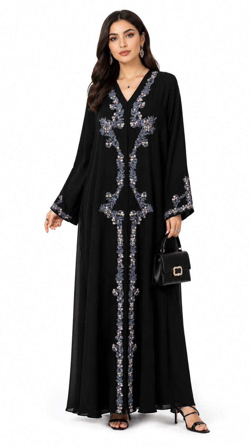 Queen Aura QA10090 black Premium Nada abaya front model view