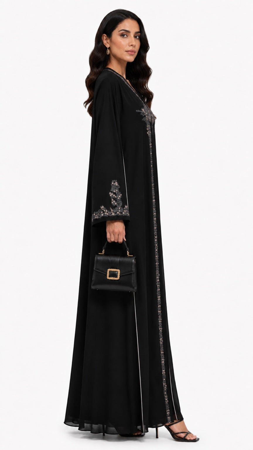 Queen Aura QA10090 black Premium Nada abaya side profile view
