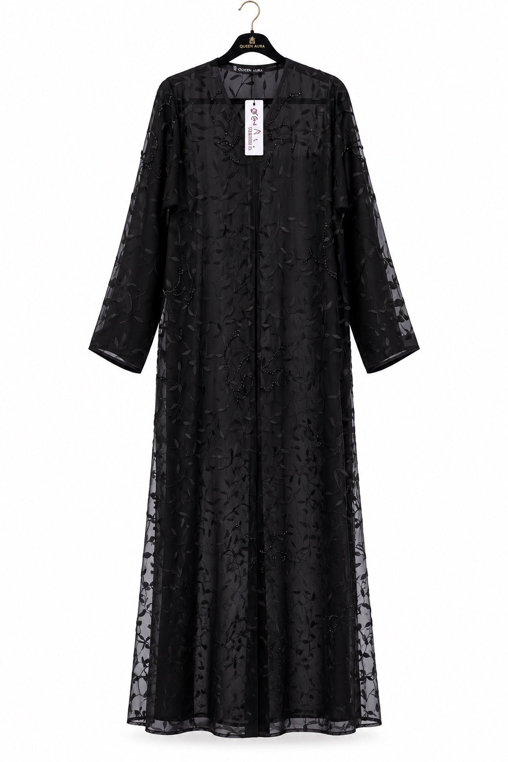 Queen Aura QA10091 black Shafoun abaya hanger view