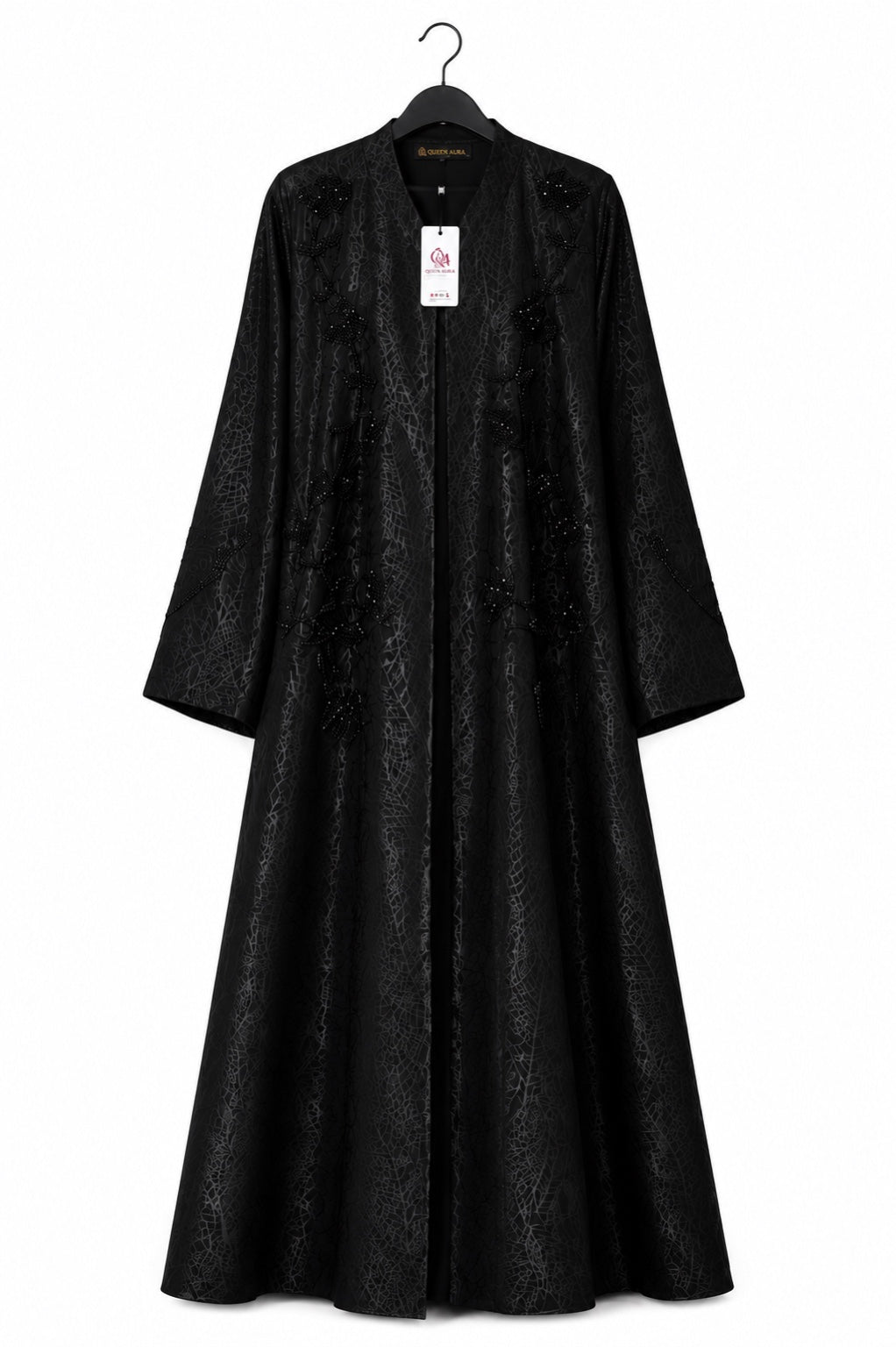 Queen Aura QA10093 black Premium Nada abaya hanger view with tag