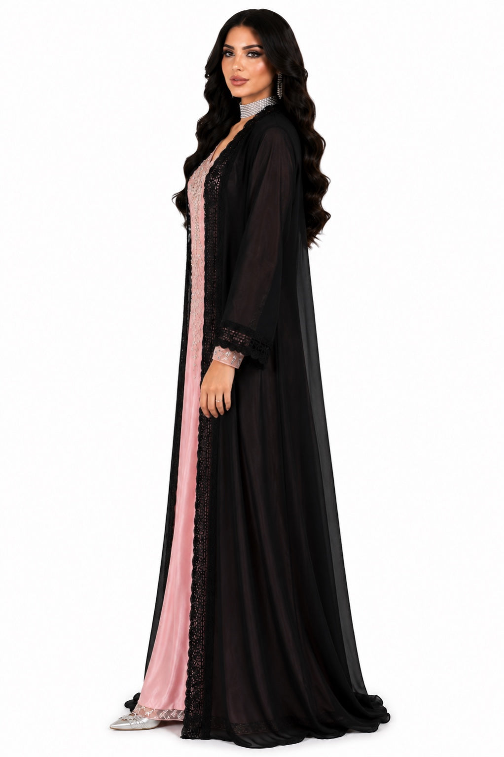 Noir Dentelle Shafoun Open Abaya angled view