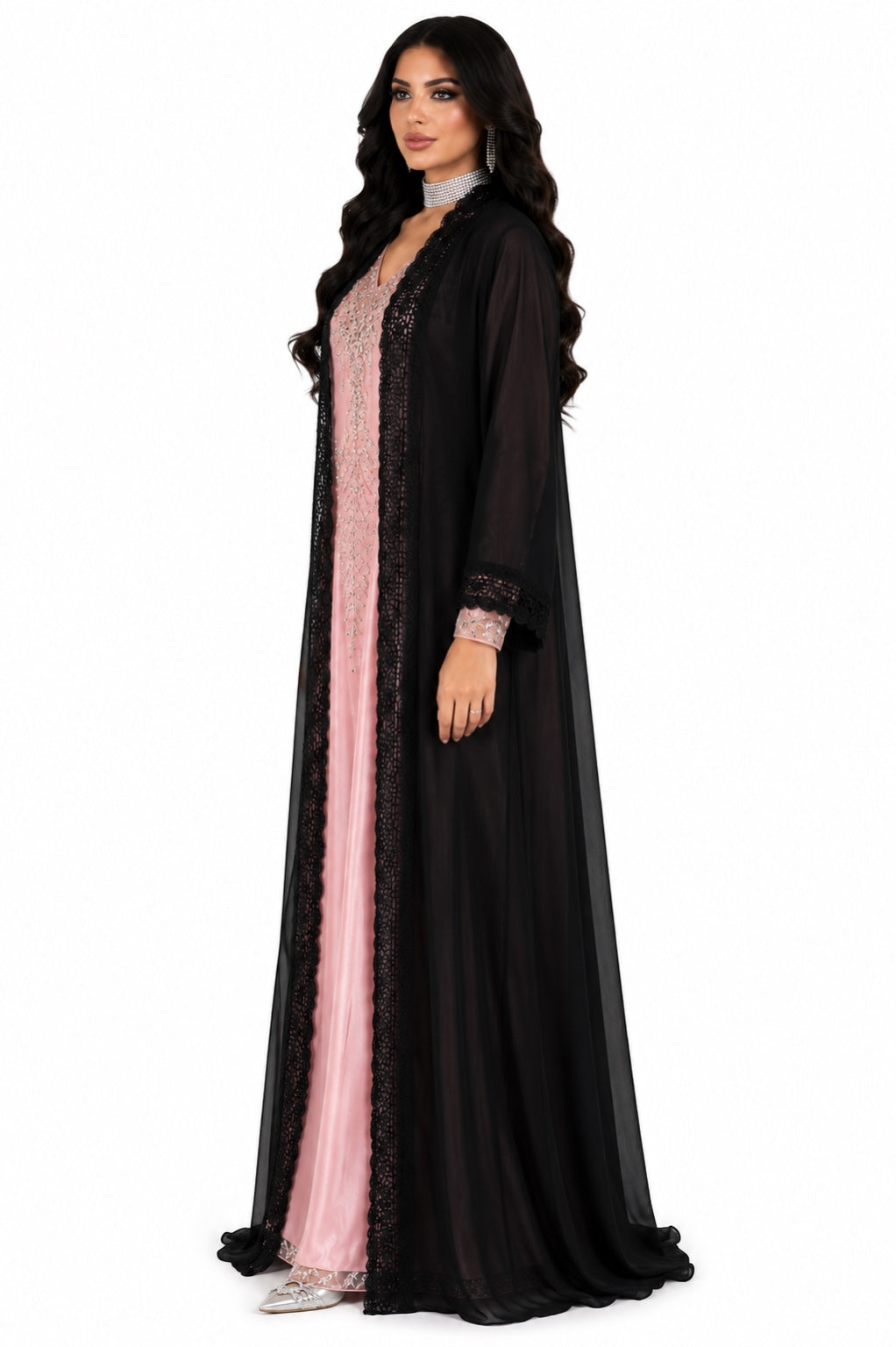 Noir Dentelle Shafoun Open Abaya alternate angled view