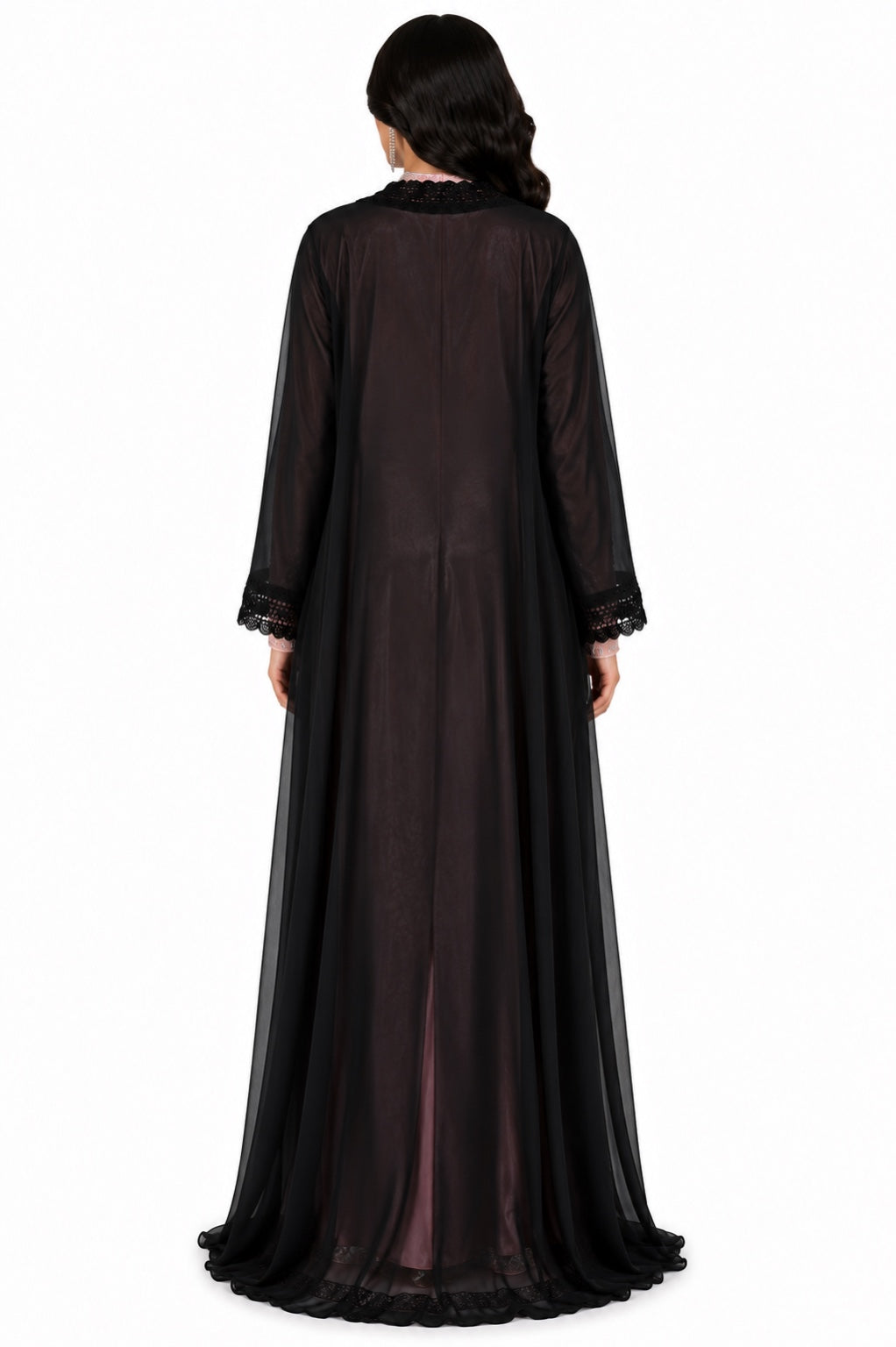 Noir Dentelle Shafoun Open Abaya back view