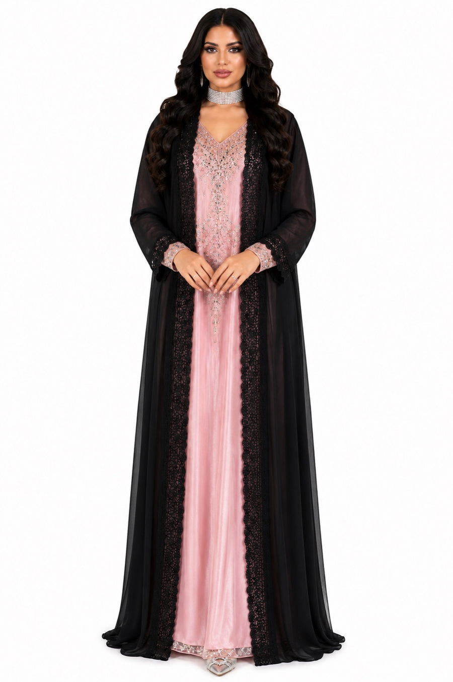 Noir Dentelle Shafoun Open Abaya front view