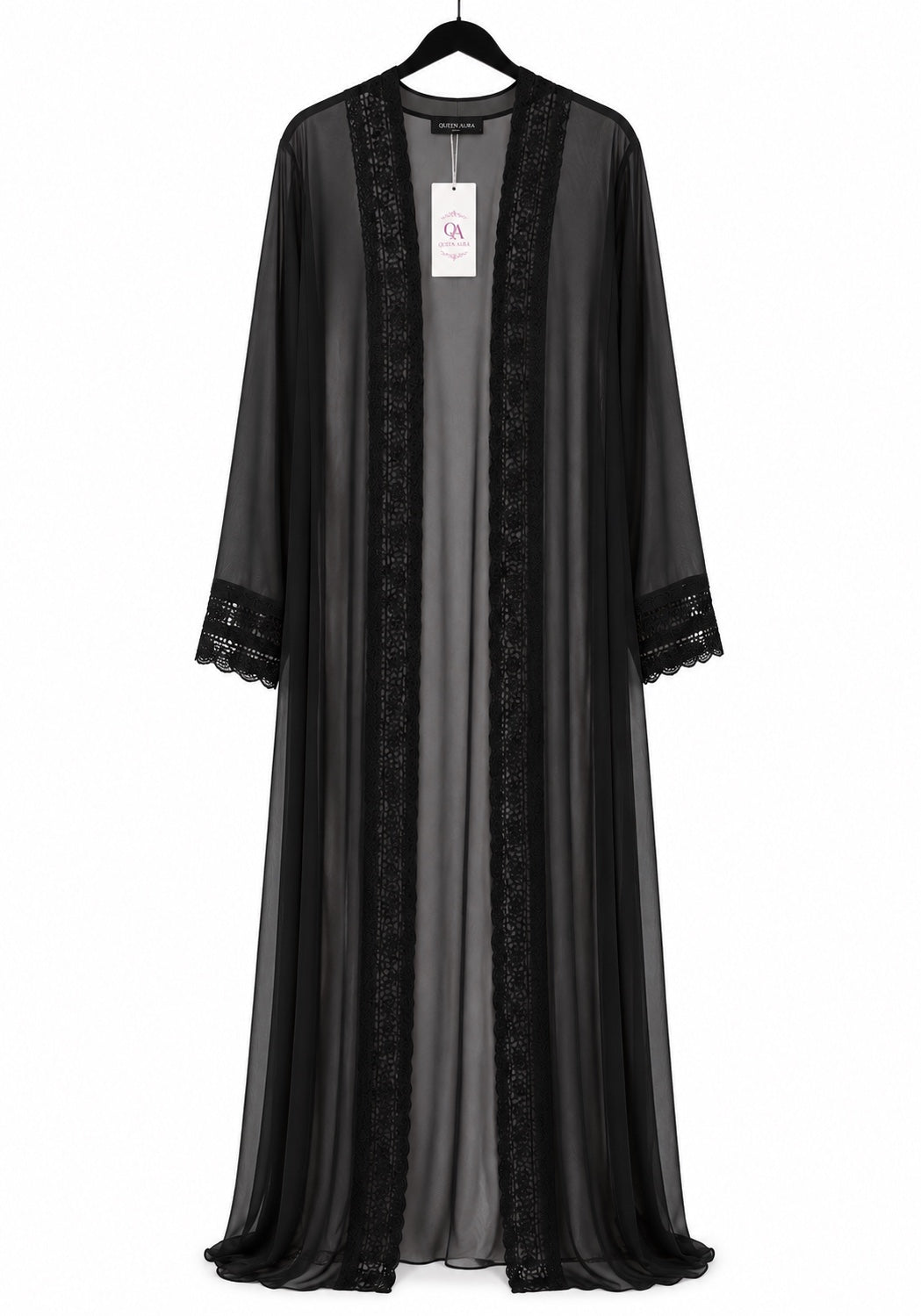 Noir Dentelle Shafoun Open Abaya hanger view