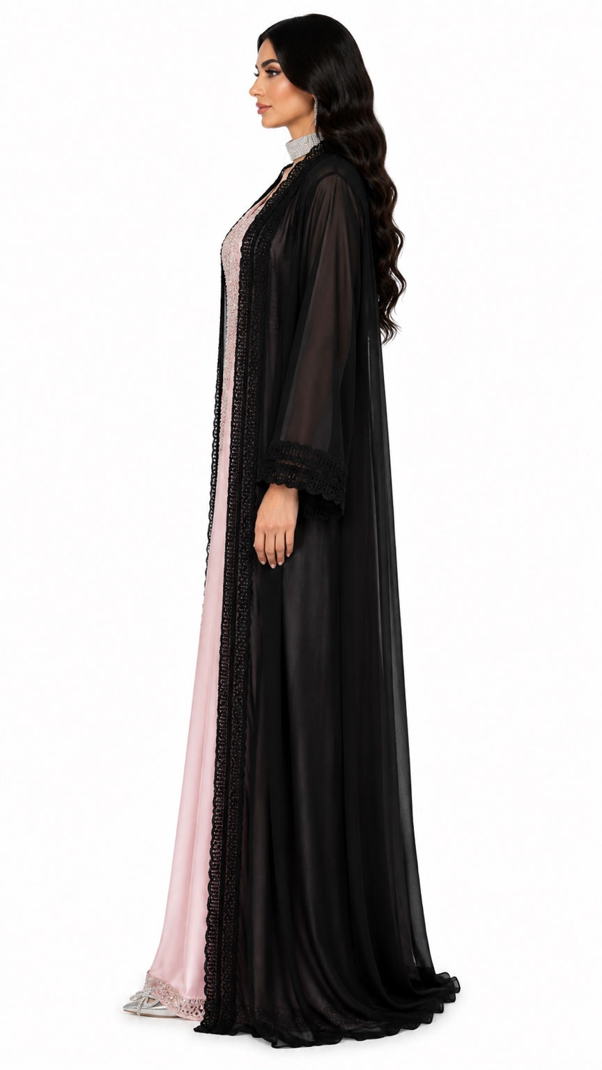 Noir Dentelle Shafoun Open Abaya side view