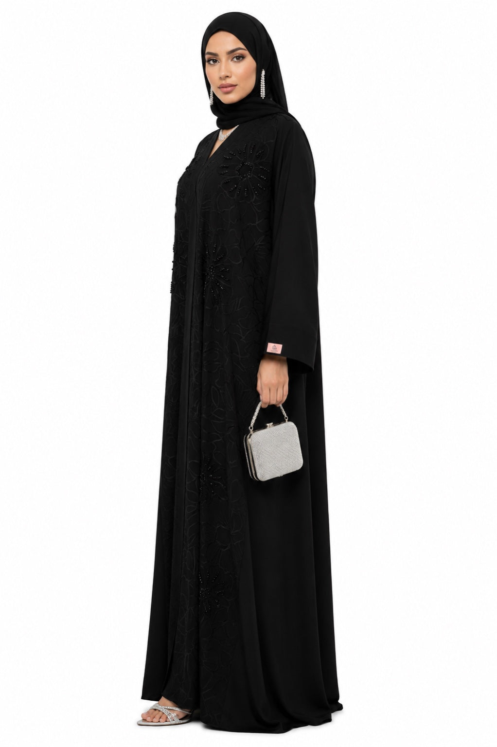 Noir Floral Embellished Premium Nada Abaya angled front view