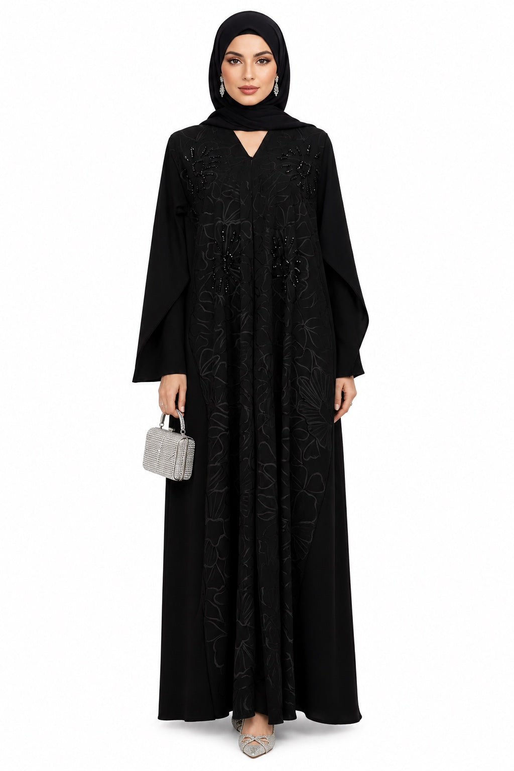 Noir Floral Embellished Premium Nada Abaya front view