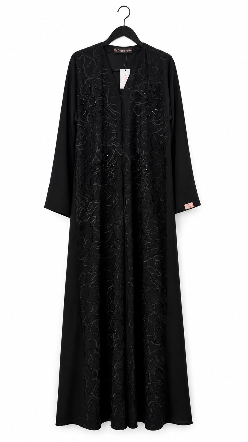 Noir Floral Embellished Premium Nada Abaya hanger view