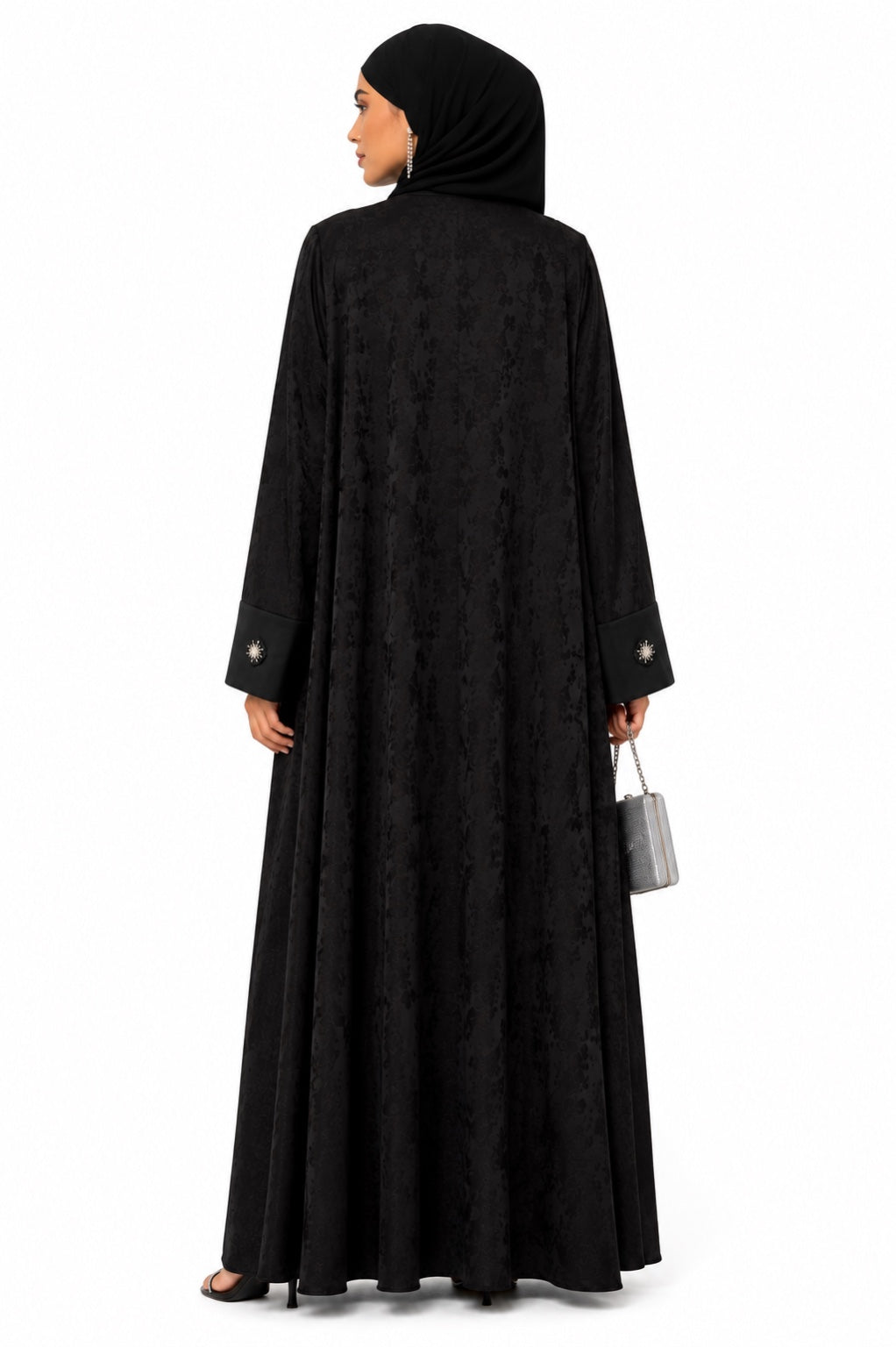 Noir Jacquard Crystal Button Premium Nidha Abaya back view