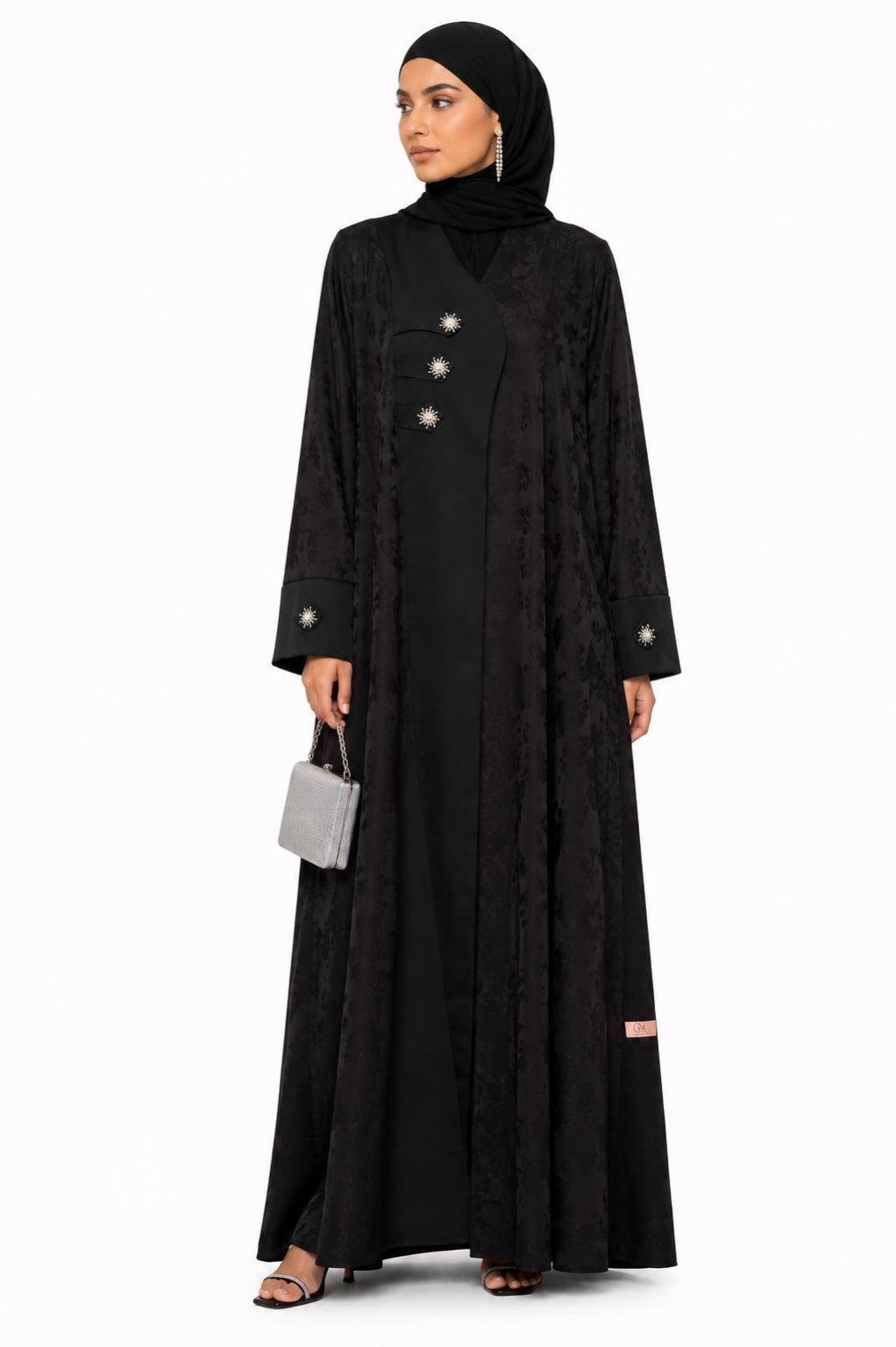 Noir Jacquard Crystal Button Premium Nidha Abaya front view