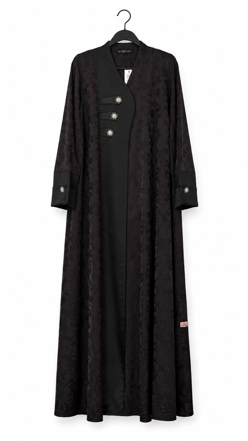 Noir Jacquard Crystal Button Premium Nidha Abaya hanger view