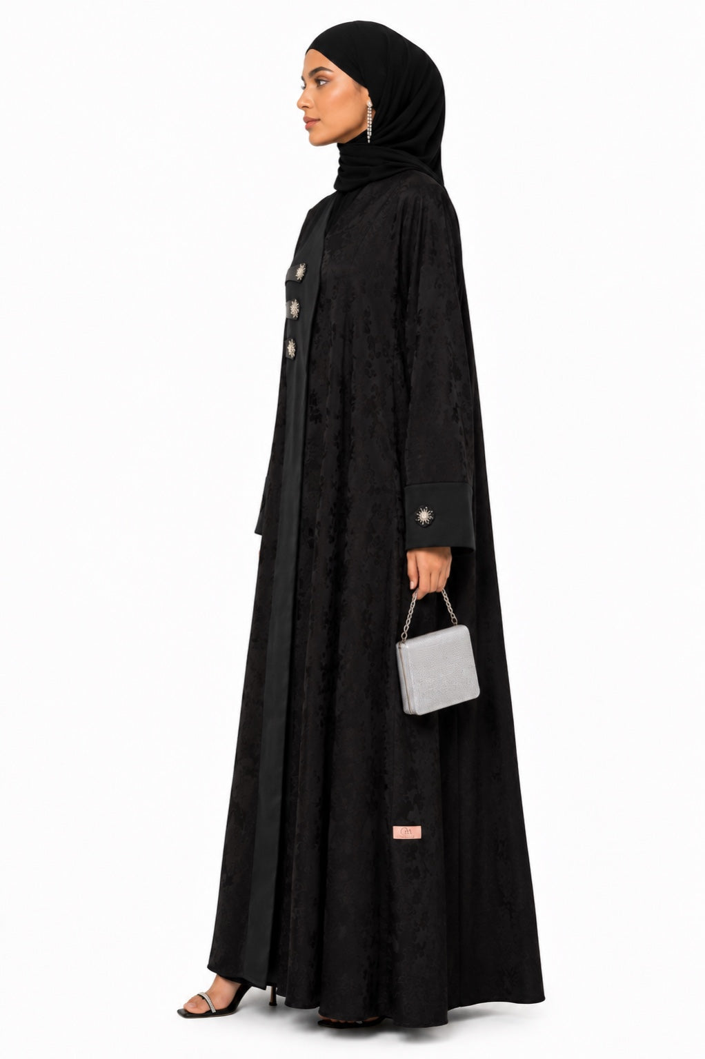 Noir Jacquard Crystal Button Premium Nidha Abaya side view