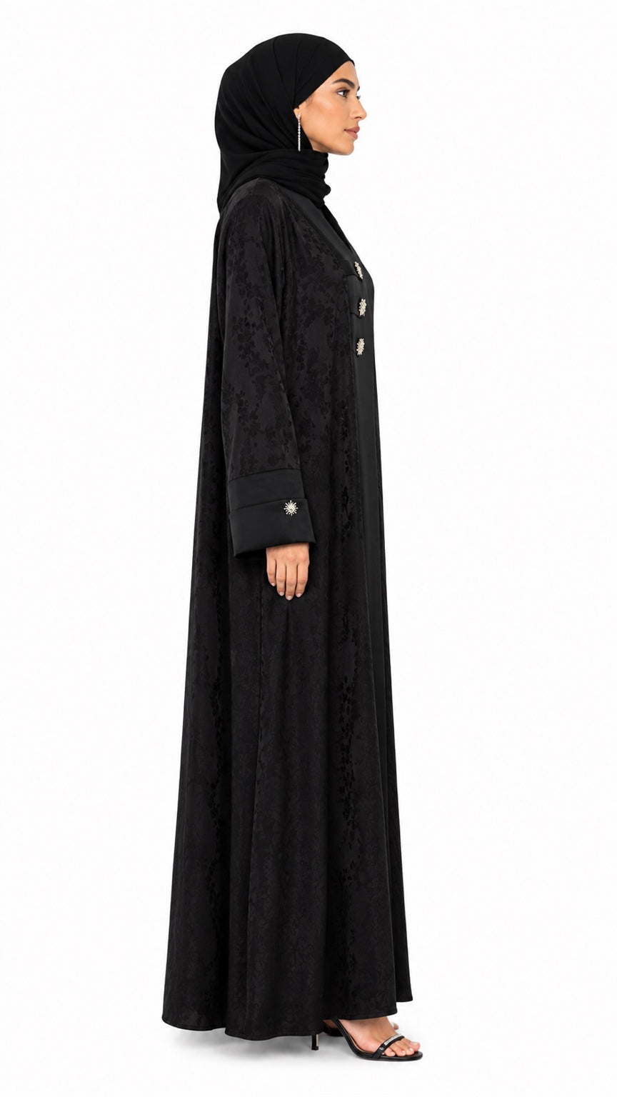 Noir Jacquard Crystal Button Premium Nidha Abaya profile view