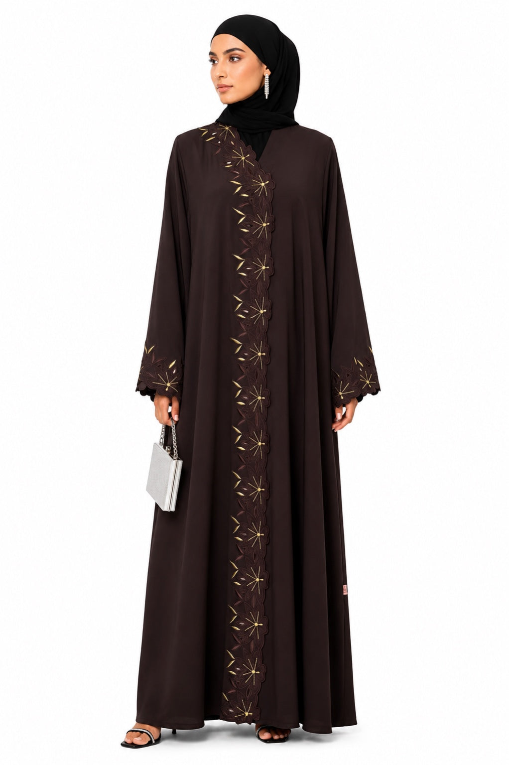 Mocha Bloom Embroidered Premium Nada Abaya front view