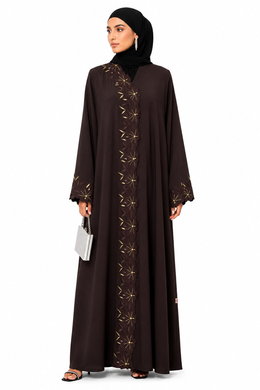 Mocha Bloom Embroidered Premium Nada Abaya front view
