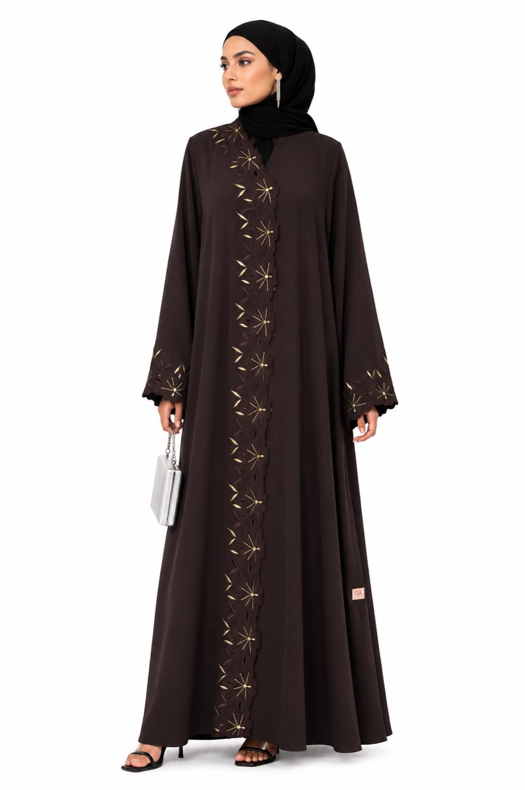 Mocha Bloom Embroidered Premium Nada Abaya alternate front view