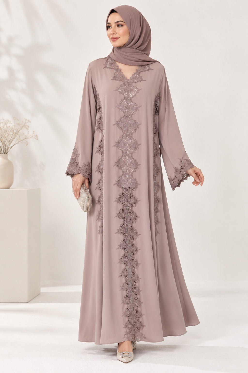Dusty mauve floral Dentelle abaya front model view